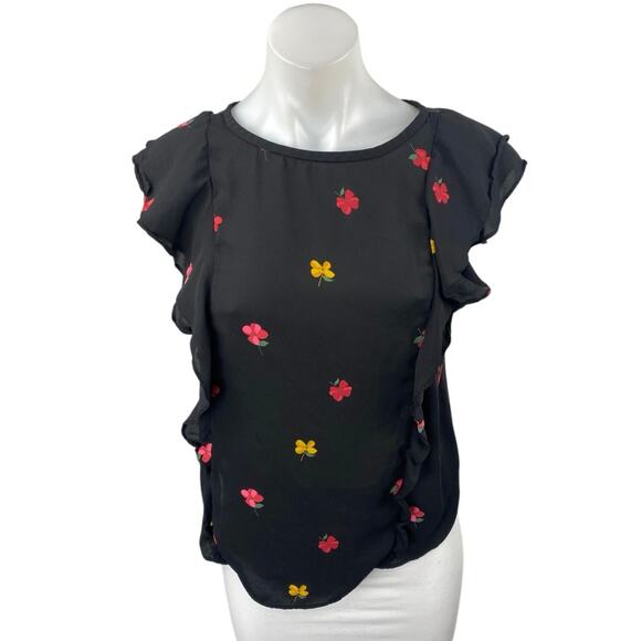 Ann Taylor LOFT Black Floral Short Flutter Sleeve Crew Neck Blouse Top Size S - Picture 1 of 4